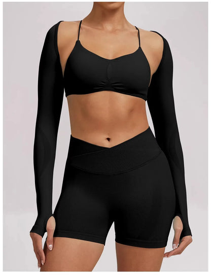 Women'S Open Back Yoga Tank Top Built-In Pads, High Waist Peach Butt Lift Shorts Cross Waist Workout Set