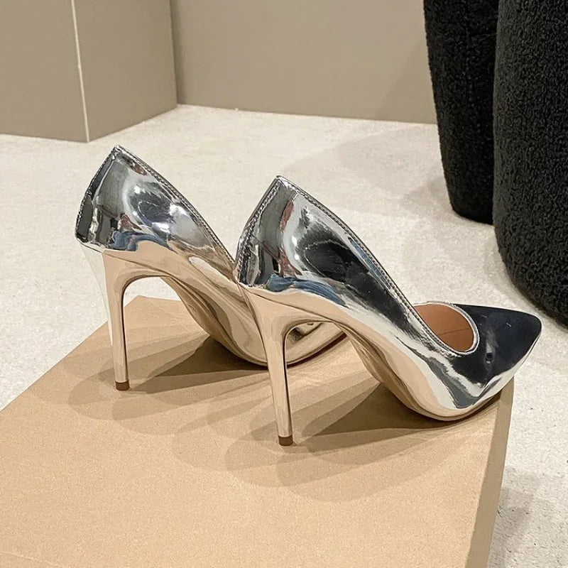 Soft Leather Sliver Gold High Heels 8/10Cm Shoe Fashion Women Pumps Pointed Toe Slip-On Office Woman Wedding Shoes Large Size 43