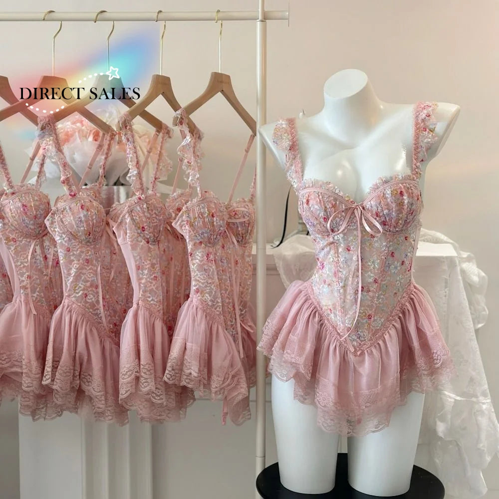 Comfortable Thin Sweet Lace Nightdress Beauty-Back Lace-Up Sleeveless Nightwear with Chest Pad Homewear Pajamas Women Female