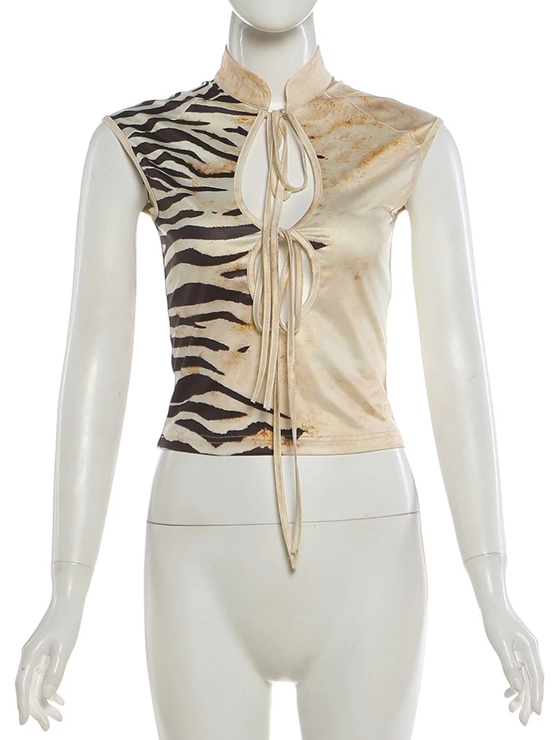 Tiger Print Vest Women Standing Collar Bandage Tassel Hollow Hip-Hop Style Sexy Summer Wild Street Fashion Slim Tops