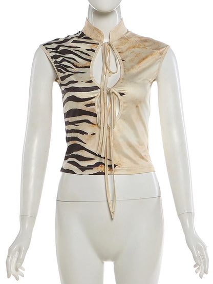 Tiger Print Vest Women Standing Collar Bandage Tassel Hollow Hip-Hop Style Sexy Summer Wild Street Fashion Slim Tops