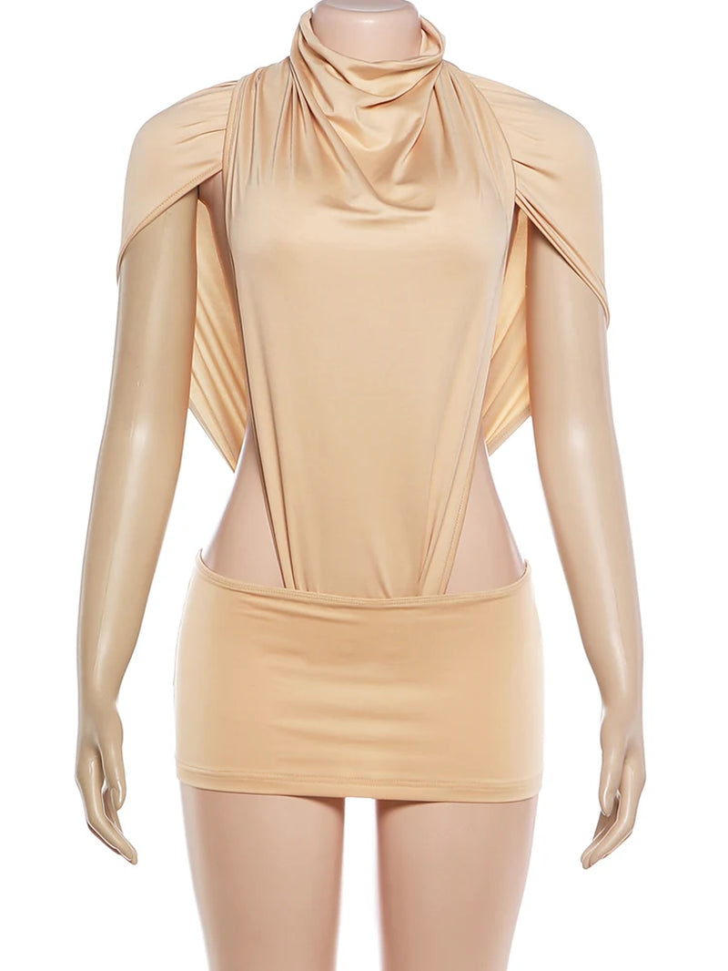 Sexy Fashion 2 Piece Set Woman Ruched Turtleneck Side Hollow Design Bodysuits+Skinny Mini Skirts Hot Girls Wild Style Suit