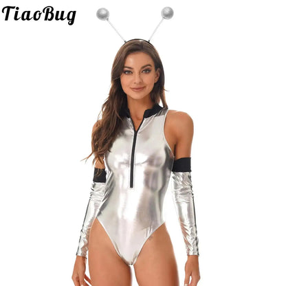 Womens Halloween Space Alien Cospaly Costume Astronaut Robot Role Play Party Metallic Shiny Zipper Bodysuit with Hair Hoop Set