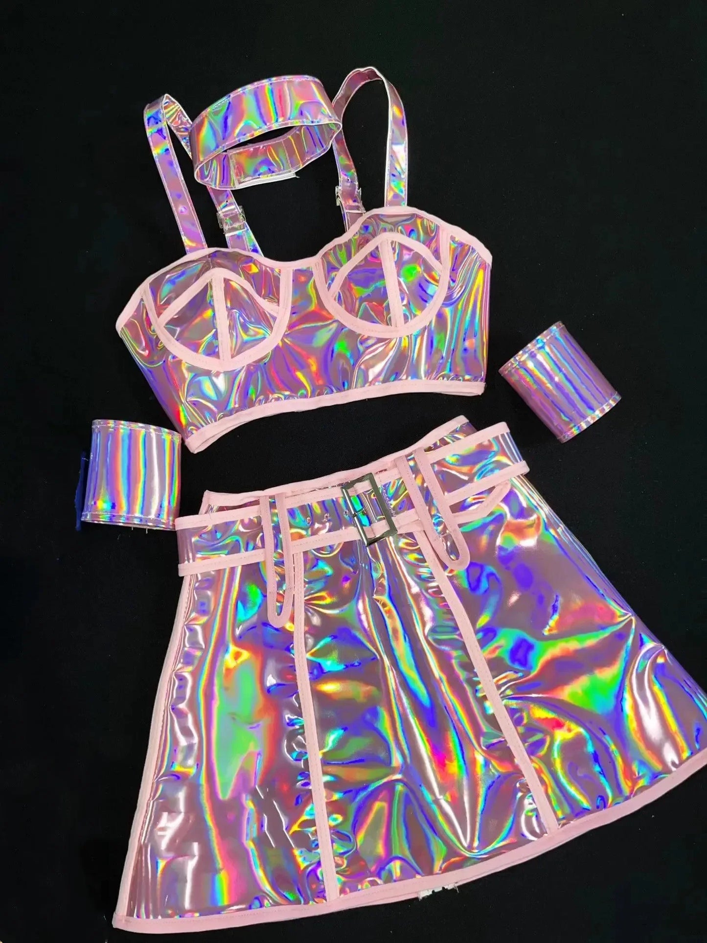 Bar Club Party Disco Dance Costume Women Dancer Team Nightclub Bar Sexy Stage Wear Pink Laser Tops Skirt Performance Clothes