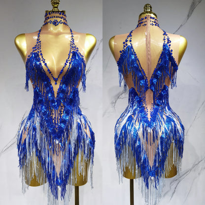 Iris Gradient Tassel Latin Dance Competition Costume Talent Performance Dress Prom Performance Costume