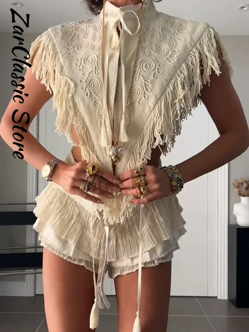 Vintage Embroidery Tassel Shawl Summer Stand Neck Sleeveless Lace up Irregular Women'S Top New Casual Elegant Clothes 2026