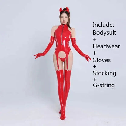 Womens Sexy Erotic Latex Leather Bodysuit Cupless Crotchless Teddy Leather Lingerie Latex Catsuit Fetish Teddies Costume