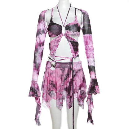 Women Y2K Ruffle Butterfly 2 Piece Outfit Sexy Fairy Backless Crop Top Wrap Mini Skirt Set Rave Festival Matching Set