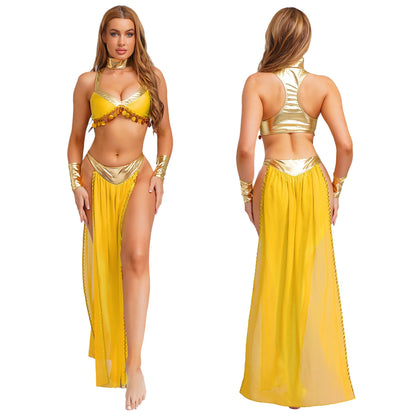 Women Halloween Cleopatra Ancient Egyptian Queen Sun Goddesses Cosplay Costume Belly Indian Dance Outfit Crop Top with Skirt