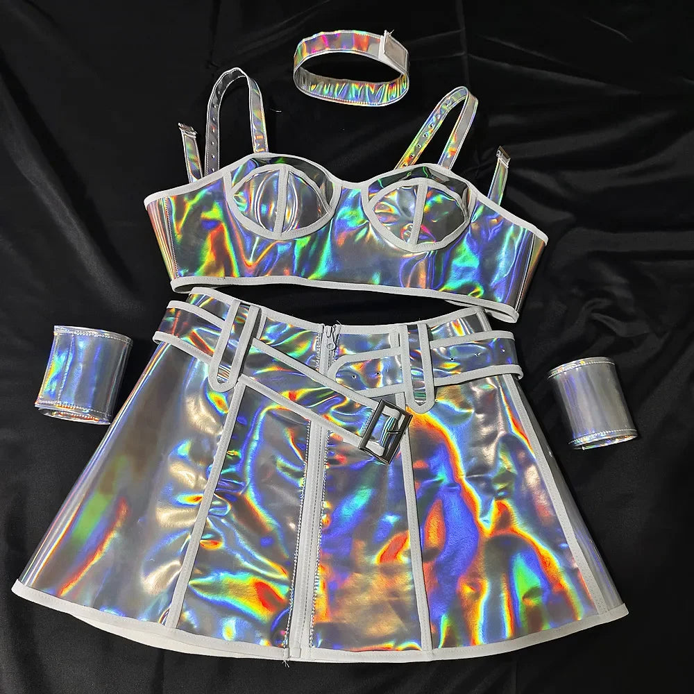 Bar Club Party Disco Dance Costume Women Dancer Team Nightclub Bar Sexy Stage Wear Pink Laser Tops Skirt Performance Clothes