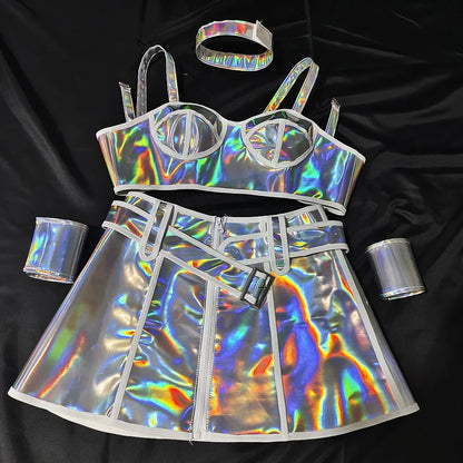 Bar Club Party Disco Dance Costume Women Dancer Team Nightclub Bar Sexy Stage Wear Pink Laser Tops Skirt Performance Clothes