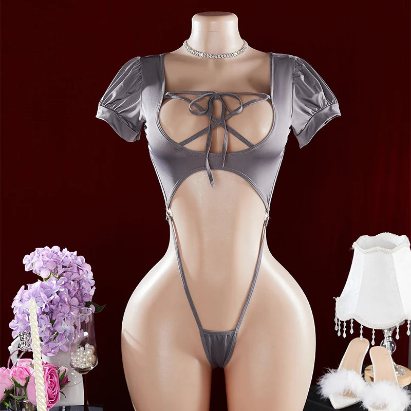 Sexy One-Piece Hot Hollow Open Bra Baby Doll Cosplay Bodysuit Sexy Women'S Sex Clothes Crotchless Exposed Navel Erotic Costumes