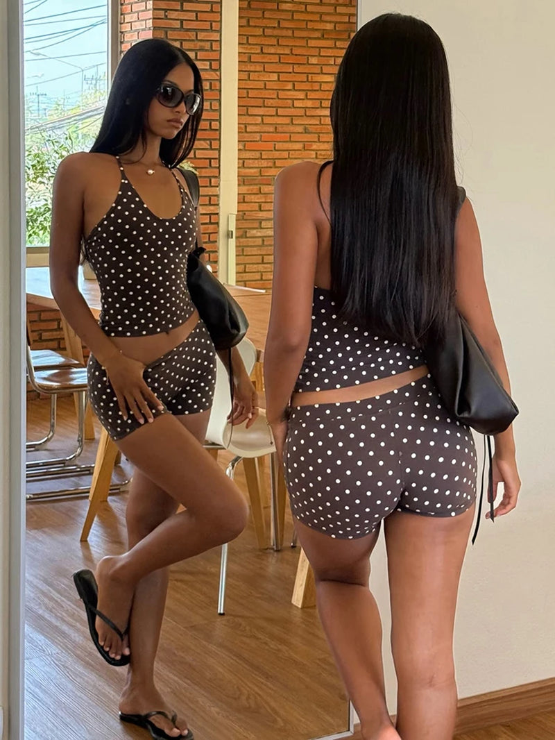 Polka Dot Print 2 Piece Set Women Trend Hottie Backless Halter Sleeveless Tank Top+Bike Short Fashion Street Clubwear