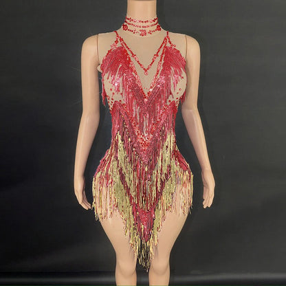 Iris Gradient Tassel Latin Dance Competition Costume Talent Performance Dress Prom Performance Costume