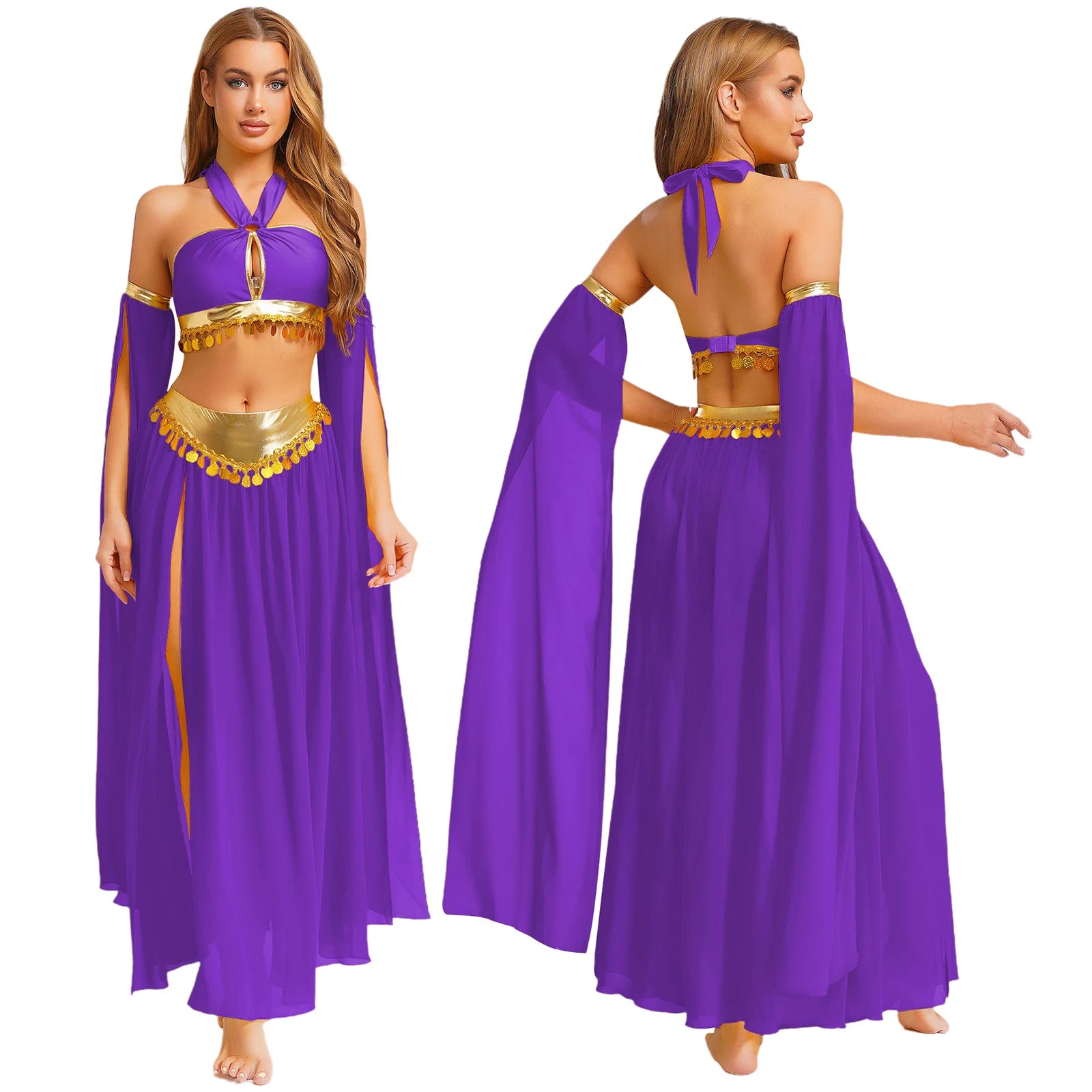 Women Halloween Cleopatra Ancient Egyptian Queen Sun Goddesses Cosplay Costume Belly Indian Dance Outfit Crop Top with Skirt