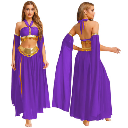 Women Halloween Cleopatra Ancient Egyptian Queen Sun Goddesses Cosplay Costume Belly Indian Dance Outfit Crop Top with Skirt