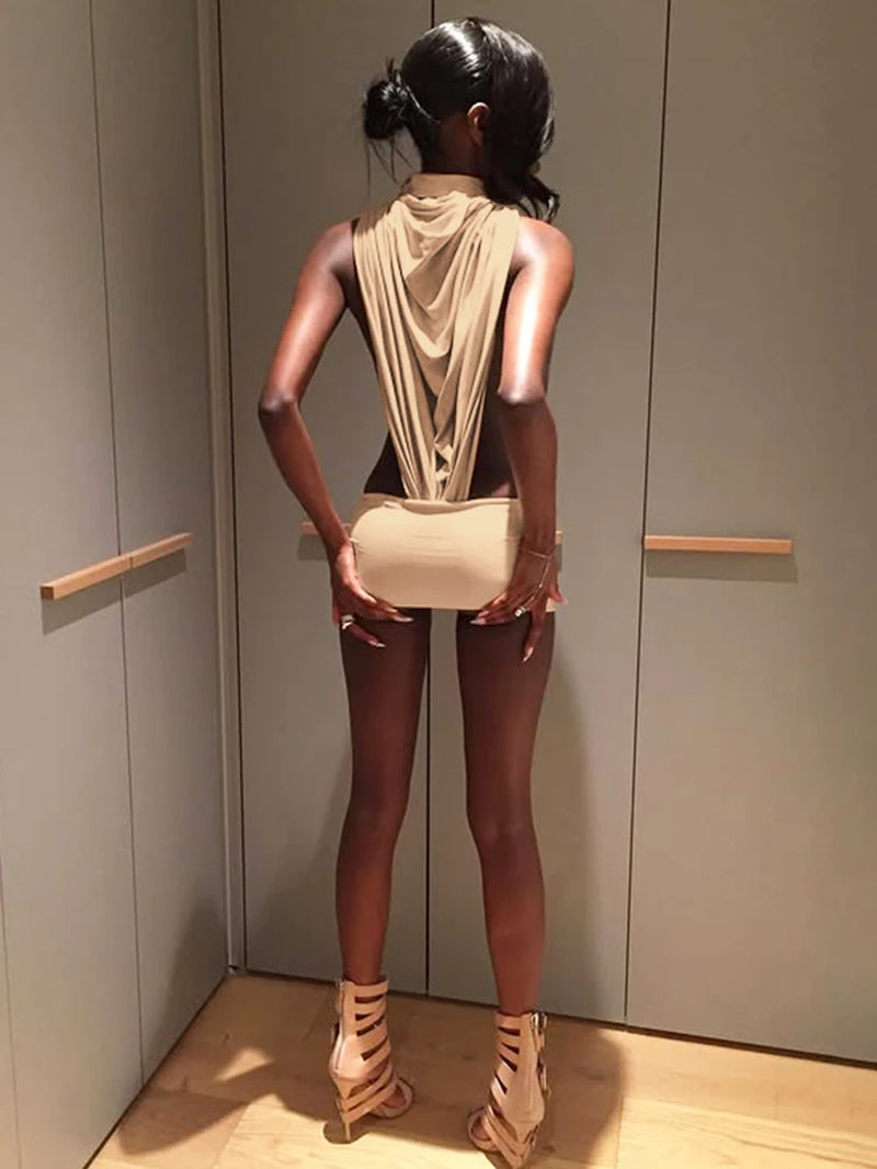 Sexy Fashion 2 Piece Set Woman Ruched Turtleneck Side Hollow Design Bodysuits+Skinny Mini Skirts Hot Girls Wild Style Suit