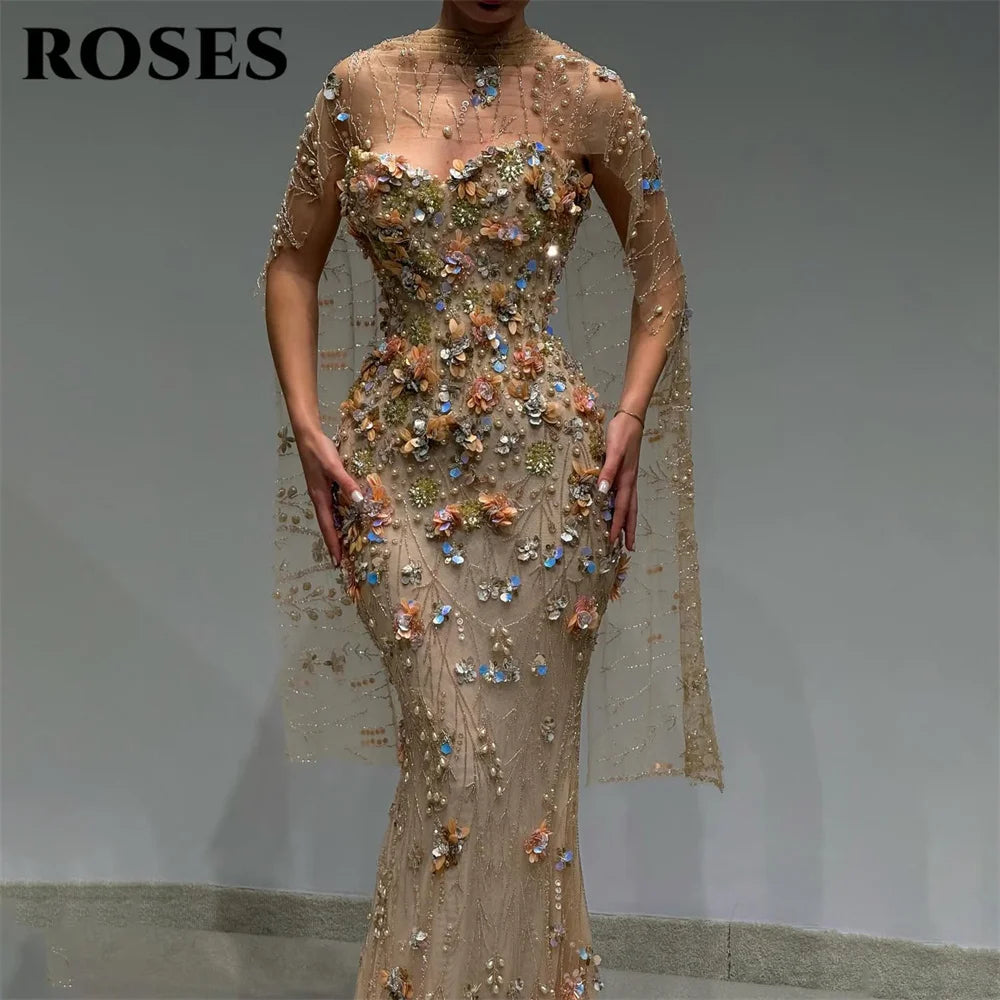 ROSES Champagne Party Dress Sweetheart Mermaid Evening Dresses with 3D Floral فساتين السهرة Gala Dress Customized