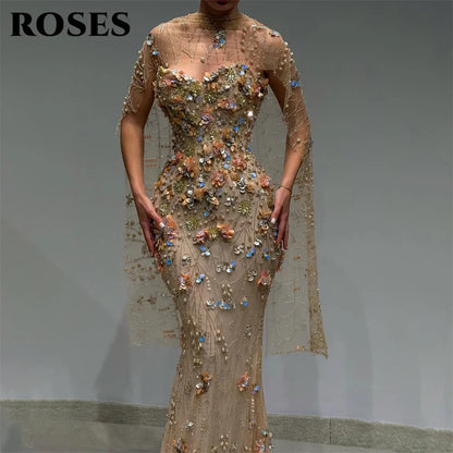 ROSES Champagne Party Dress Sweetheart Mermaid Evening Dresses with 3D Floral فساتين السهرة Gala Dress Customized