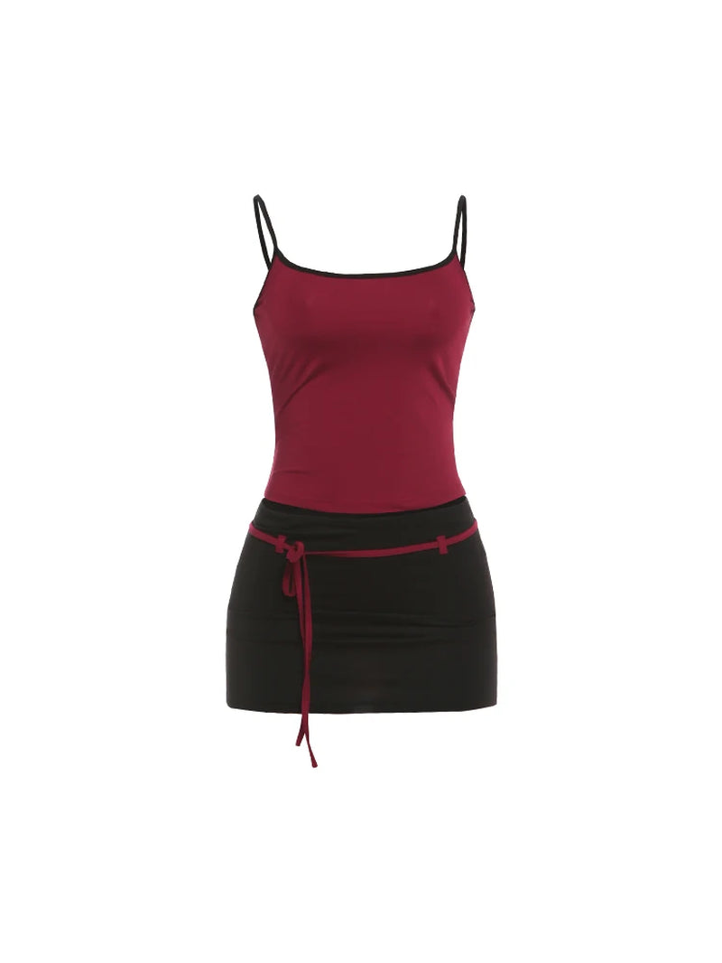 Contrast Patchwork 2 Piece Set Woman Summer Trend Low-Neck Backless Camisole Tops+Bandage Tassel Mini Skirt Y2K Style Suit