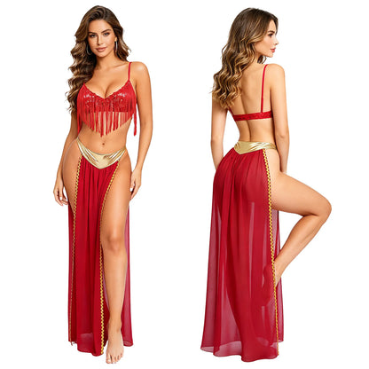 Women Halloween Cleopatra Ancient Egyptian Queen Sun Goddesses Cosplay Costume Belly Indian Dance Outfit Crop Top with Skirt