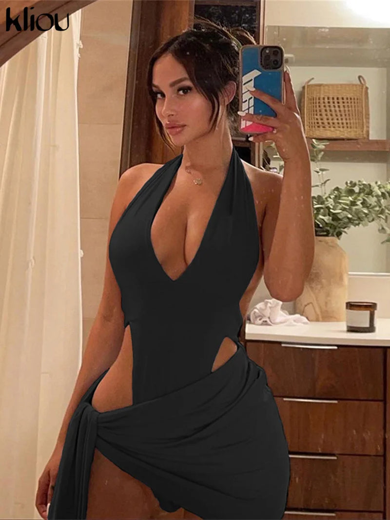 Solid Deep V Sexy Two Piece Sets Midnight Club Halter Top and Skirt Backless Summer Partywear Hollow Out Ruched Women Set