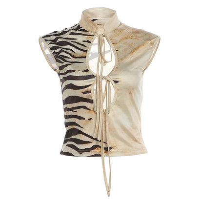 Tiger Print Vest Women Standing Collar Bandage Tassel Hollow Hip-Hop Style Sexy Summer Wild Street Fashion Slim Tops