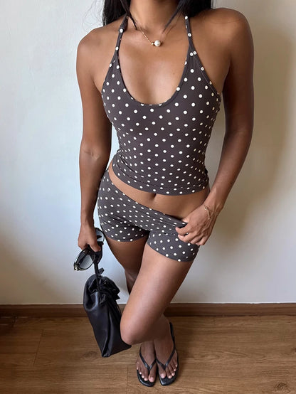 Polka Dot Print 2 Piece Set Women Trend Hottie Backless Halter Sleeveless Tank Top+Bike Short Fashion Street Clubwear