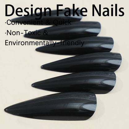 Transform Your Nails with 24Pcs Extra Long Stiletto French Style Modern Classic Simple BLACK Solid Color Full Cover Fake Nail Ki