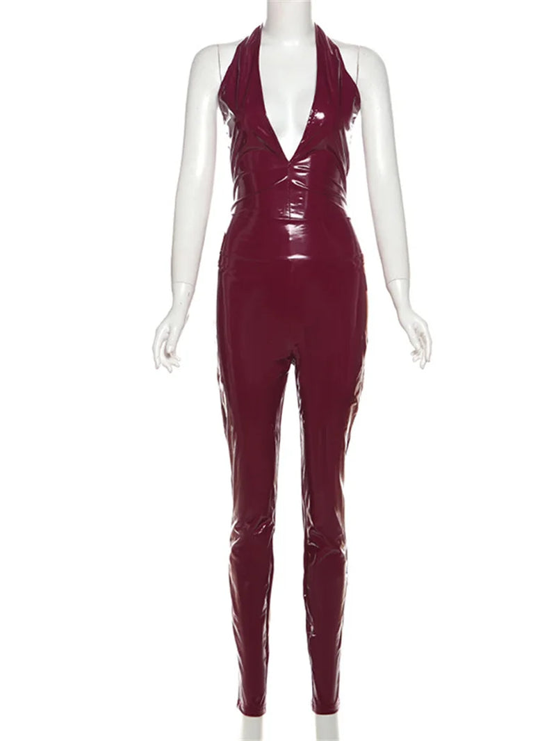 Sexy Fashion PU 2 Piece Set Women Halter V-Neck Backless Bodysuits+Zip-Up Matching Pants Female Coordinate Classic Outfits