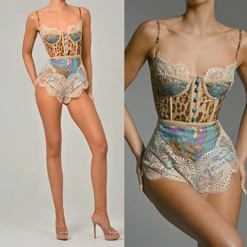Women Elegant Lace Patchwork Print Party Romper Casual Sleeveless Slim Vacation Playsuit Sexy off Shoulder Summer Short Jumpsuit