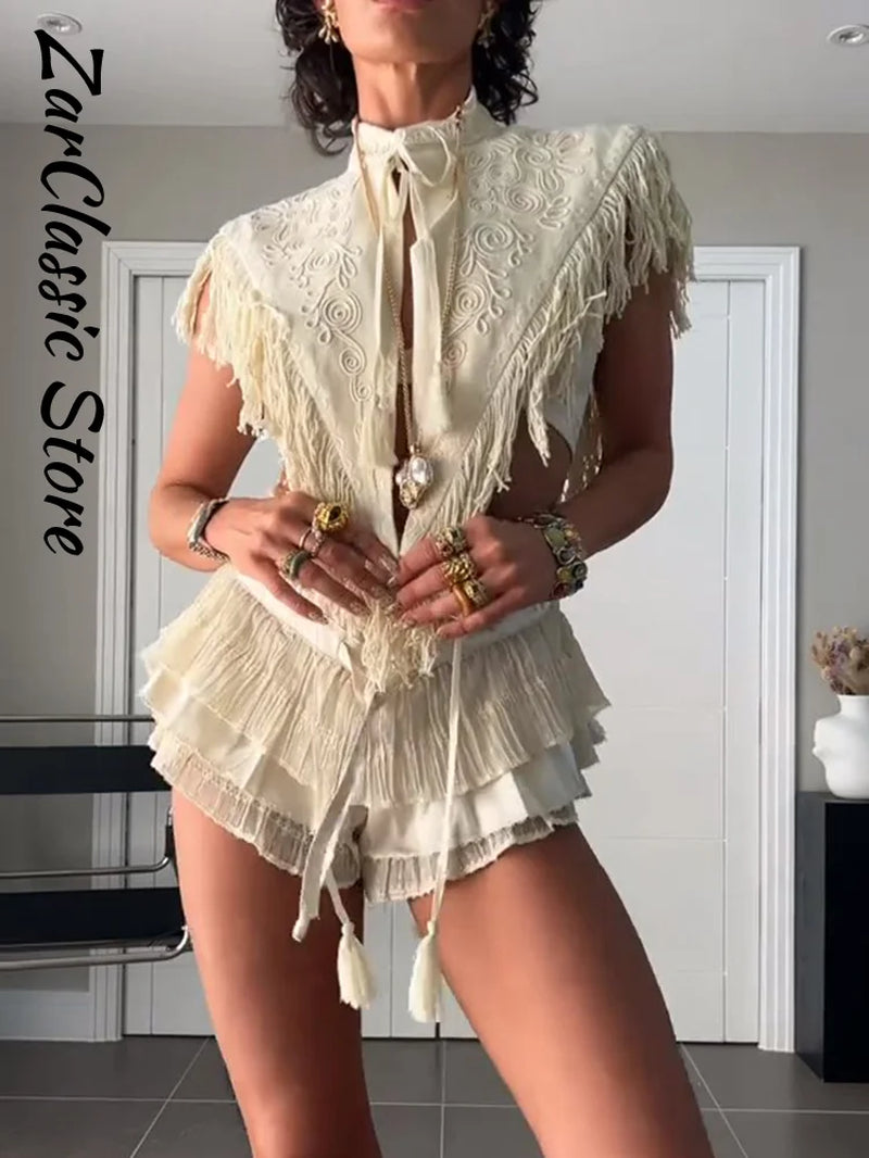 Vintage Embroidery Tassel Shawl Summer Stand Neck Sleeveless Lace up Irregular Women'S Top New Casual Elegant Clothes 2026