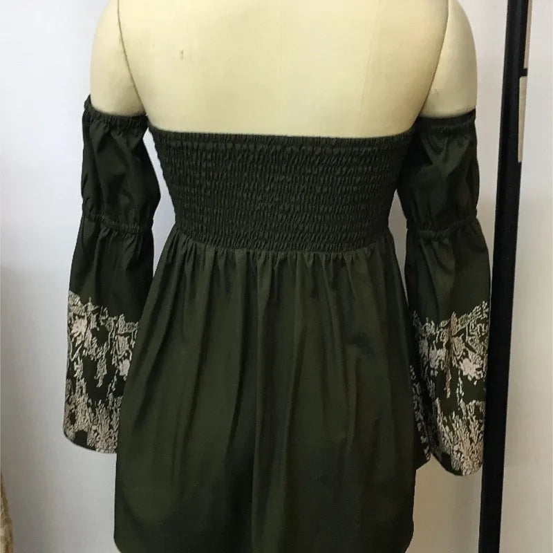 Sexy off the Shoulder Dress Flare Sleeve Strapless High Waist Mini Dress Irregular Hem Floral Printed Cowboy West Dress