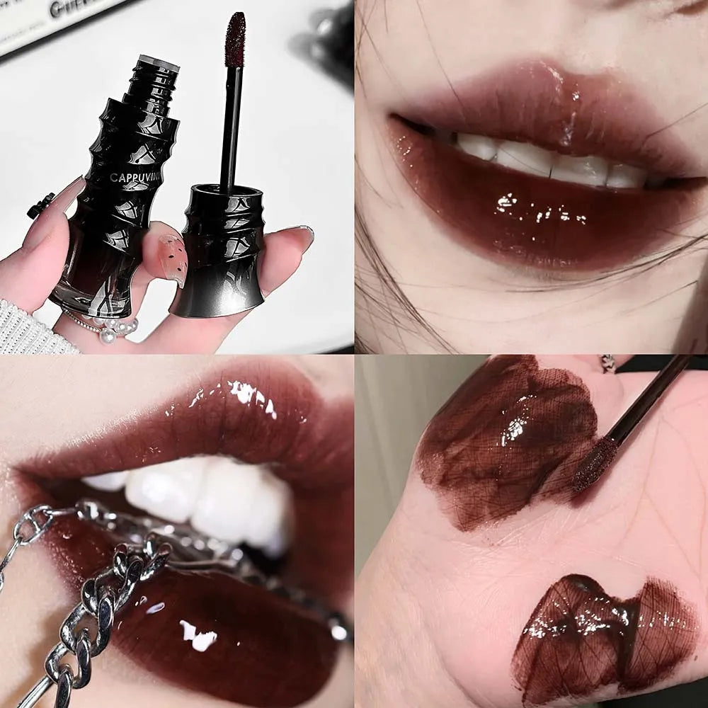 Punk Dark Red Lip Gloss Mirror Shine Silky Moisturizing Texture Lip Glaze Non-Sticky Chocolate Red Cherry Watery Glossy Lip Tint