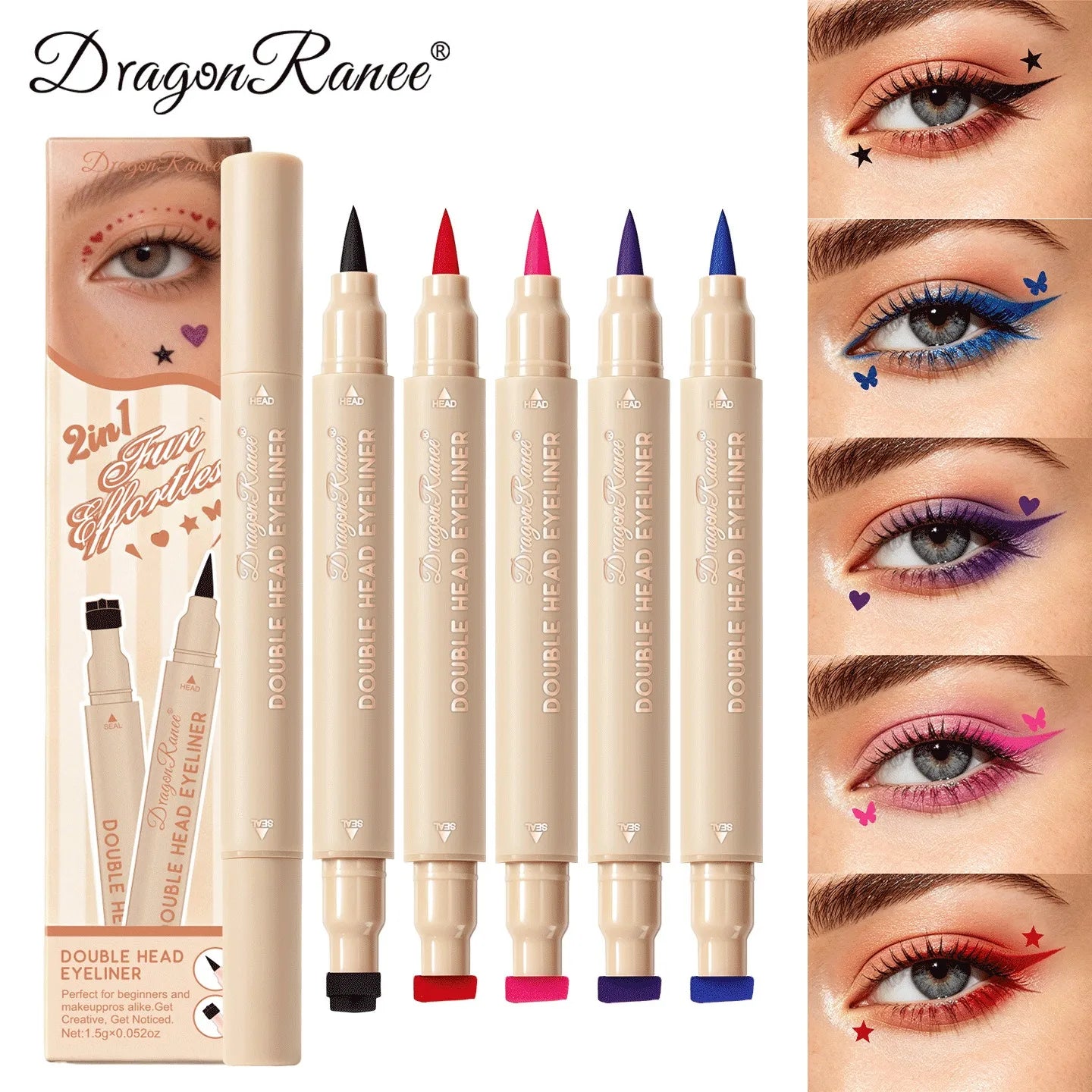 Colorful Liquid Stamp Eyeliner Red Star Heart Butterfly 2 in 1 Eye Liner Pencil Purple Pink Waterproof Eye Template Makeup Tool