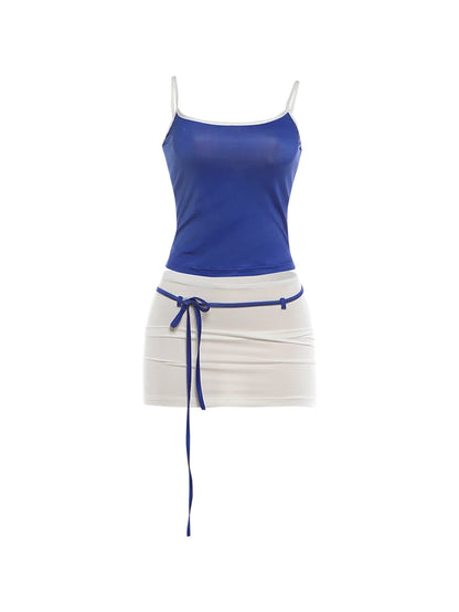 Contrast Patchwork 2 Piece Set Woman Summer Trend Low-Neck Backless Camisole Tops+Bandage Tassel Mini Skirt Y2K Style Suit