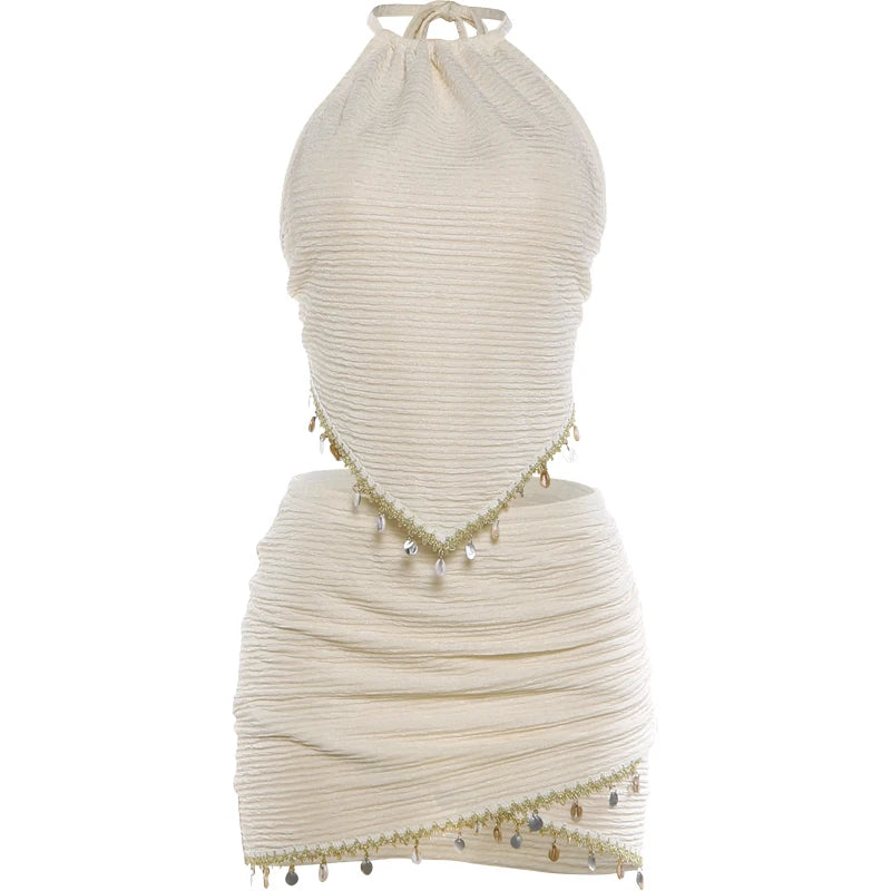 Tassel Decoration 2 Piece Set Woman Lace-Up Halter Backless Tank Tops+Skinny Mini Skirts Beach Party Sexy Fashion Outfits