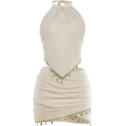 Tassel Decoration 2 Piece Set Woman Lace-Up Halter Backless Tank Tops+Skinny Mini Skirts Beach Party Sexy Fashion Outfits