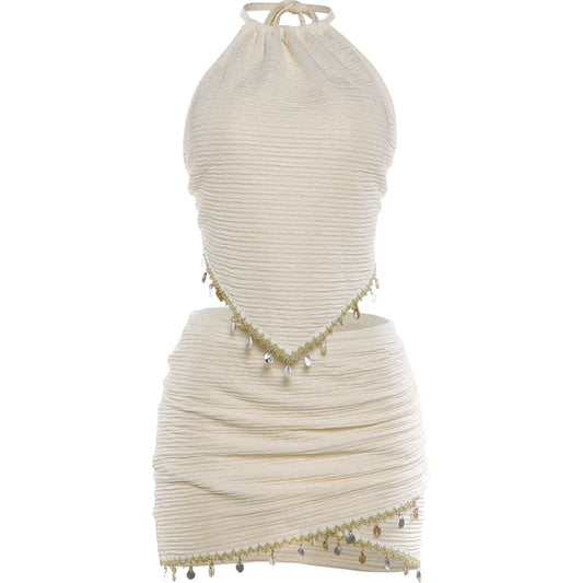 Tassel Decoration 2 Piece Set Woman Lace-Up Halter Backless Tank Tops+Skinny Mini Skirts Beach Party Sexy Fashion Outfits