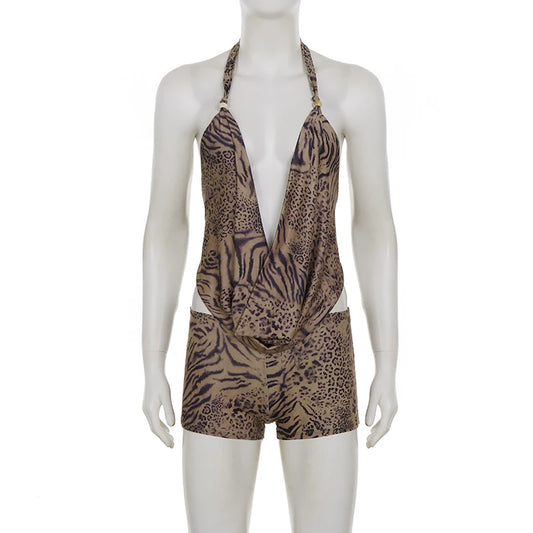 SUCHCUTE Woman Leopard Print 2 Piece Set Outfit Halter Deep V-Neck Backless Crop Top & Low-Rise Shorts Sexy 2Pcs Summer Clothes