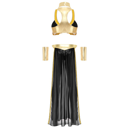 Women Halloween Cleopatra Ancient Egyptian Queen Sun Goddesses Cosplay Costume Belly Indian Dance Outfit Crop Top with Skirt