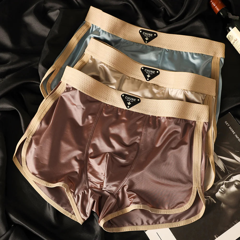 3Pcs/Pack Luxury Satin-Like Ice Silk Men'S Panties Hygroscopic Breathable Double-Layer Silk Crotch Boxer High Elastic Underpants