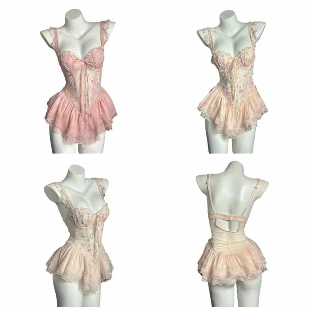 Comfortable Thin Sweet Lace Nightdress Beauty-Back Lace-Up Sleeveless Nightwear with Chest Pad Homewear Pajamas Women Female