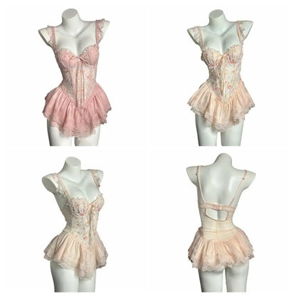Comfortable Thin Sweet Lace Nightdress Beauty-Back Lace-Up Sleeveless Nightwear with Chest Pad Homewear Pajamas Women Female