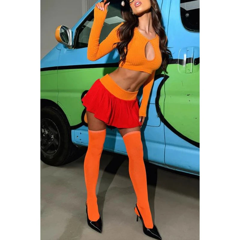 Combhasaki Halloween Velma Costume for Women Orange Long Sleeve Crop Top and Pleated Mini Skirt with Stockings Cosplay Outfits