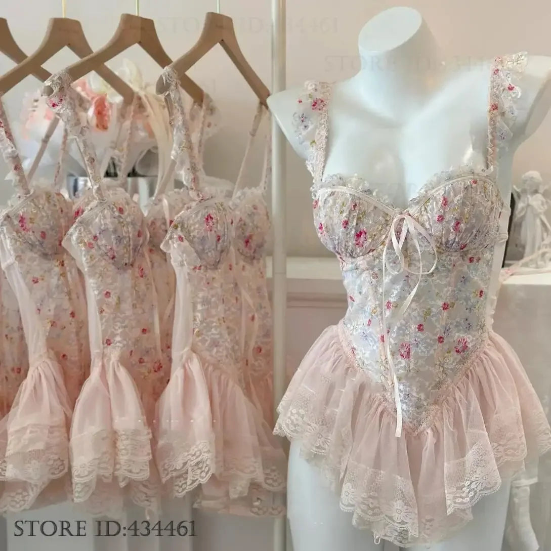 Sexy Lingerie Female Sleepwear Suspender Nightgown Perspective Lace Ballet Tutu Night Dress Sleepwear Sweet Temptation Nighty