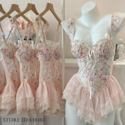 Sexy Lingerie Female Sleepwear Suspender Nightgown Perspective Lace Ballet Tutu Night Dress Sleepwear Sweet Temptation Nighty