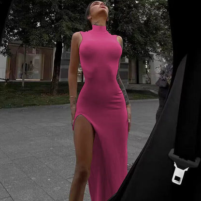 New Women'S Black Sleeveless High Neck Slit Skirt Sexy Dress for Women Club Party Dresses Skinny Fashion Summer Tank Dresses