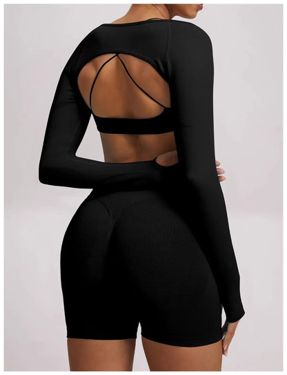 Women'S Open Back Yoga Tank Top Built-In Pads, High Waist Peach Butt Lift Shorts Cross Waist Workout Set