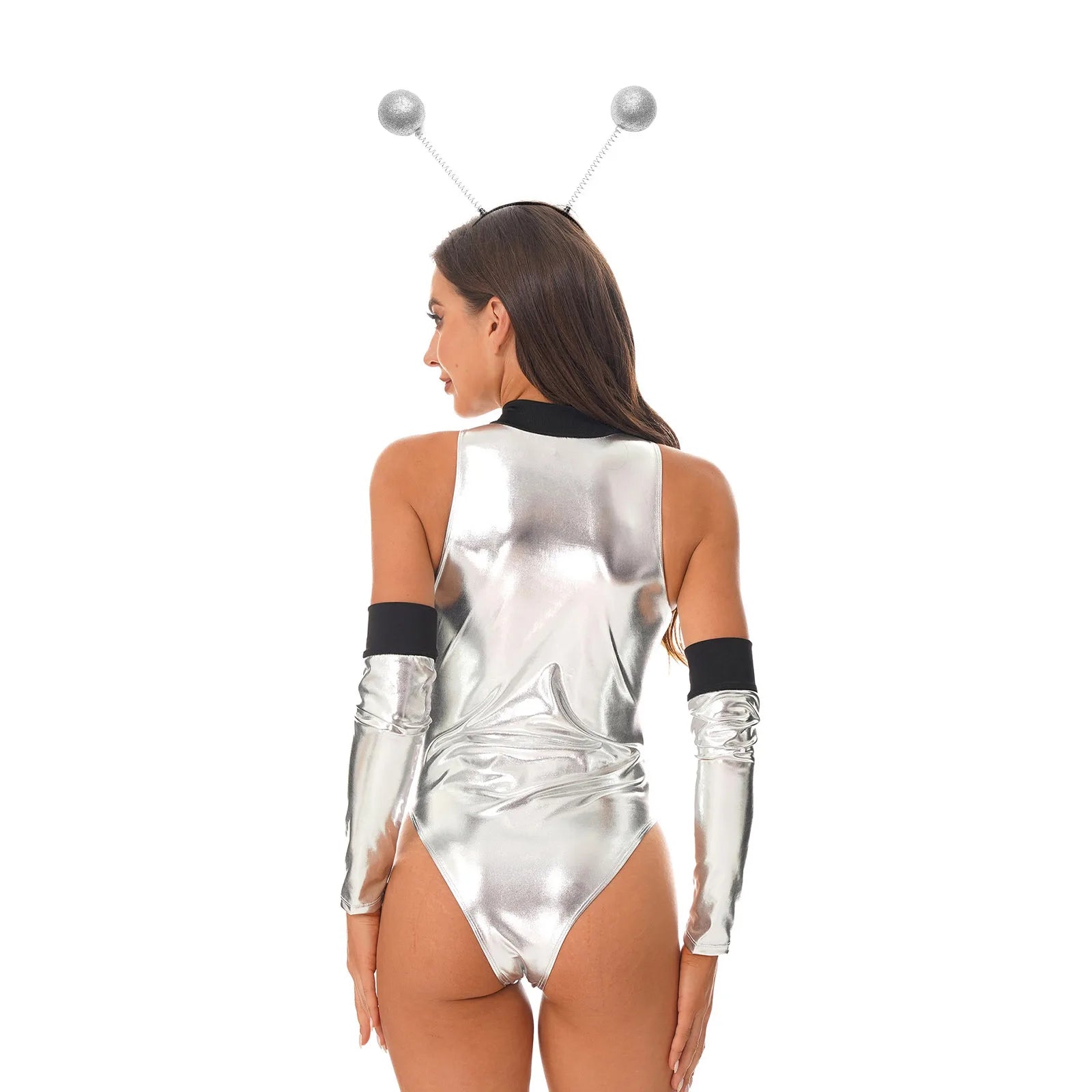 Womens Halloween Space Alien Cospaly Costume Astronaut Robot Role Play Party Metallic Shiny Zipper Bodysuit with Hair Hoop Set
